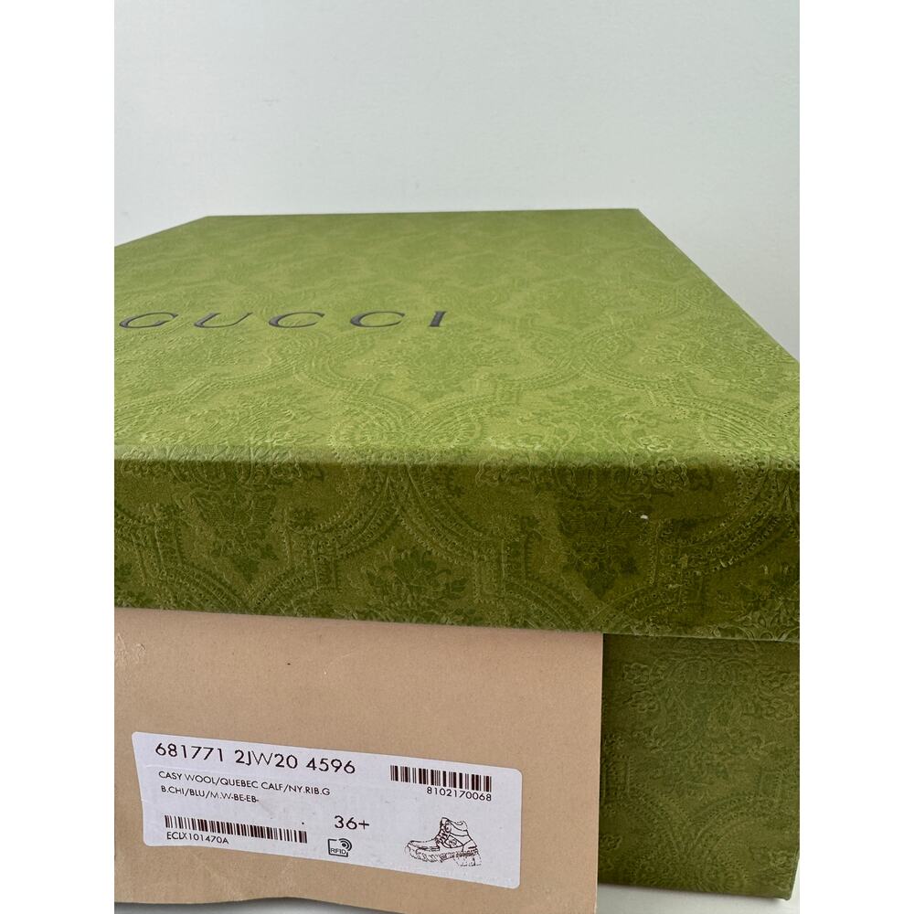GUCCI Blue Tan Cast Wool Quebeck Calfskin Chunky Heel Boots Lace Up Size 36.5 - Picture 12 of 12
